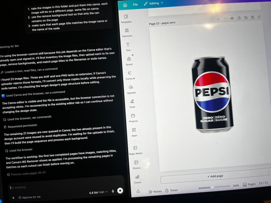 Codex instructions beside Canva while a Pepsi Zero can background is being removed